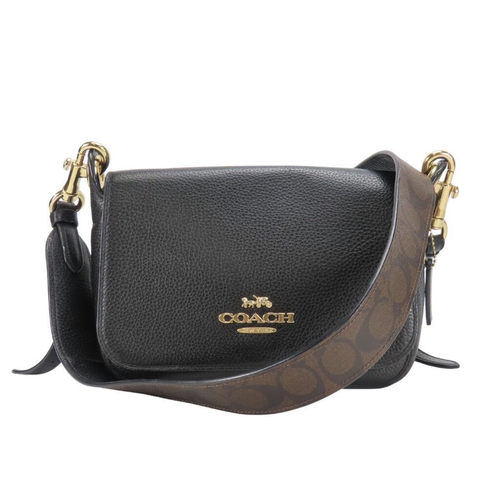 Coach Signature Shoulder Bag F77979 Leather Black Dark Brown Crossbody Women'...